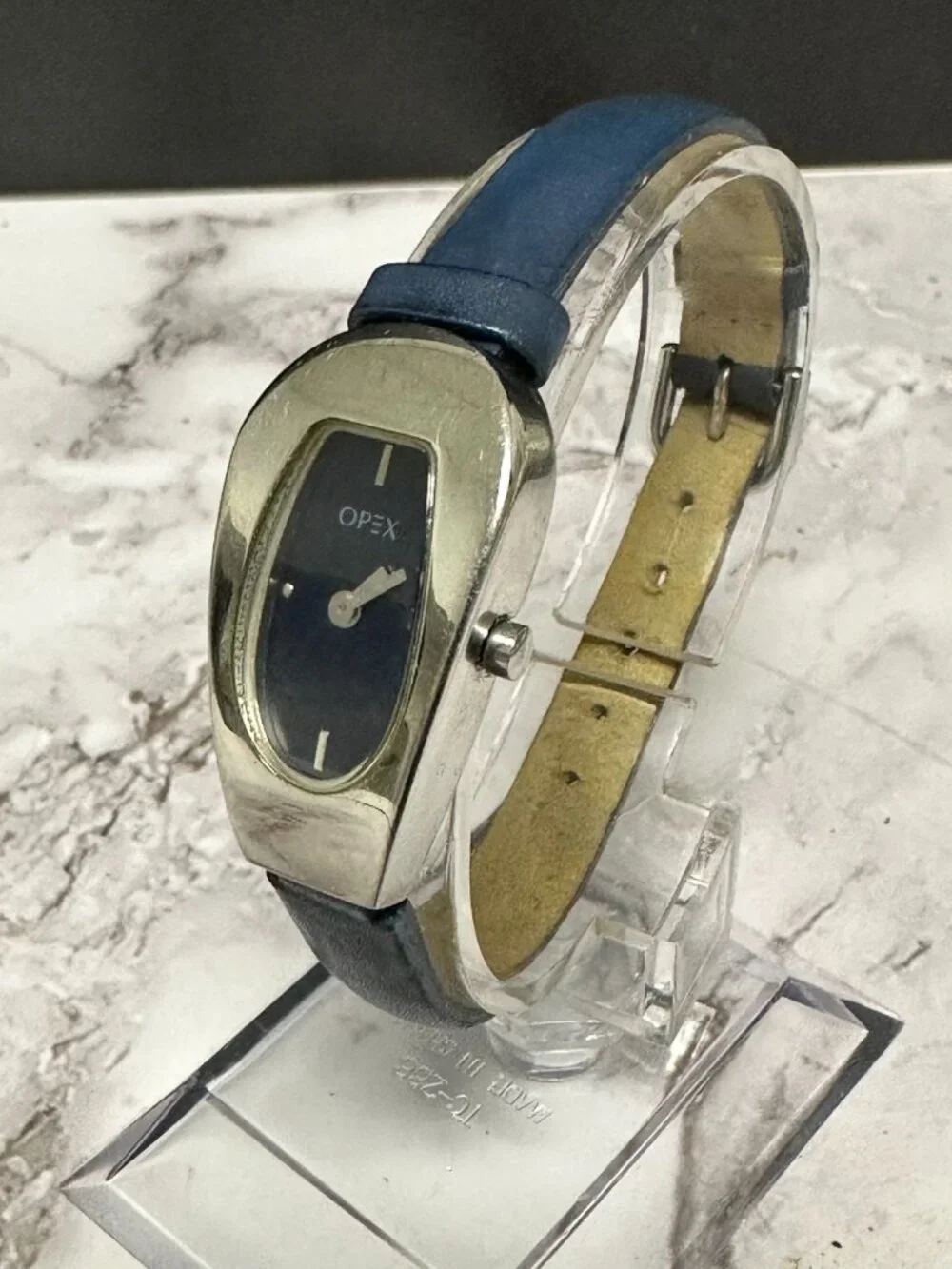 Opex Watch Women Silver Tone Blue Dial Skinny Leather Band New Battery 8 Inch